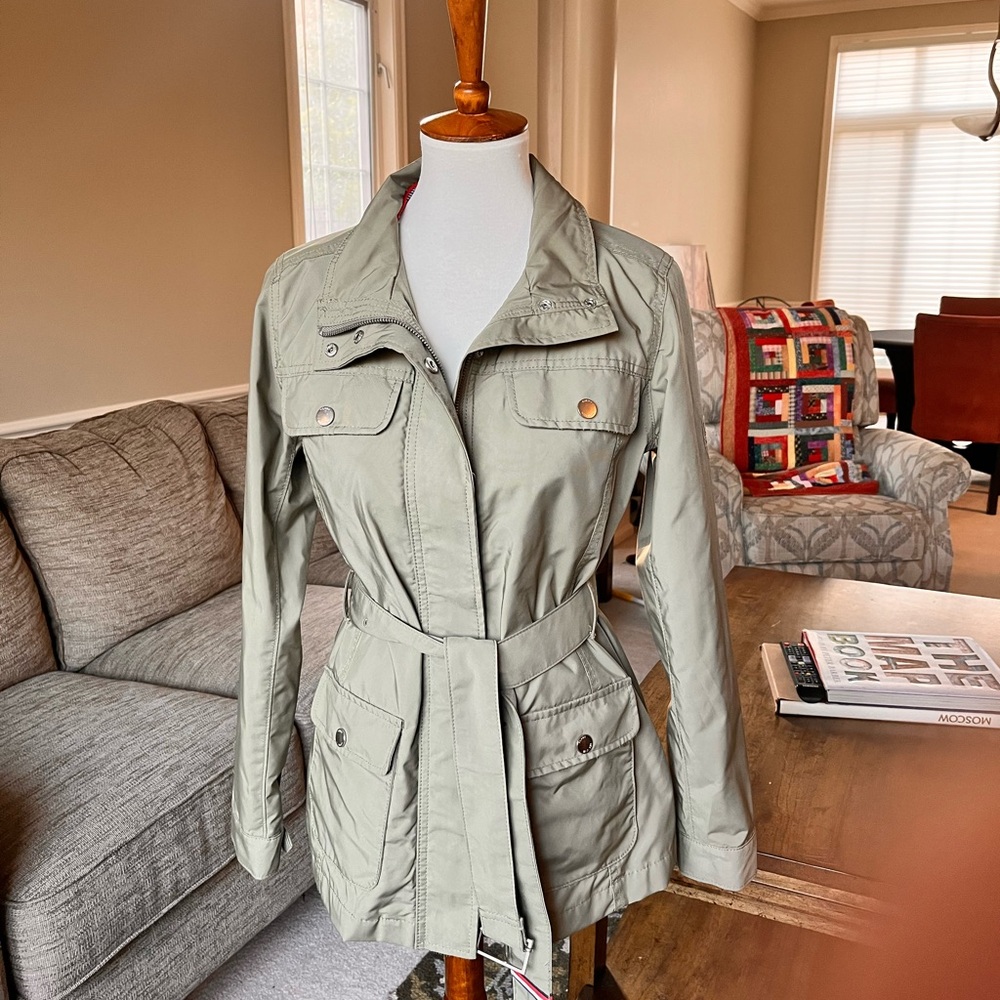 Tommy Hilfiger‎ Stylish Ws Jacket Sz S Olive Green Zipper Buttons Belt Pockets